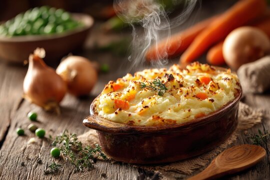 Golden mashed potato topped shepherd's pie, baked in a rugged casserole dish in a cozy kitchen