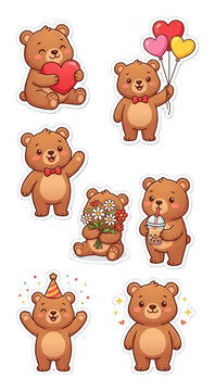Cute Cartoon Teddy Bear Character Sticker Sheet Set