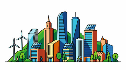 Fototapeta premium A vibrant cityscape with modern buildings, wind turbines, and solar panels on a green hillside