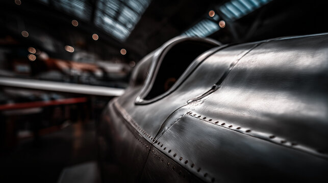 monoplane. Vintage monoplane with polished aluminum fuselage inside an aircraft hangar. mobility guides, transit brochures, designed for mobility and urban transit guides.