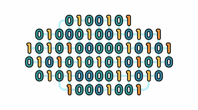 A stylized illustration of binary code forming a circular pattern with teal and orange numbers