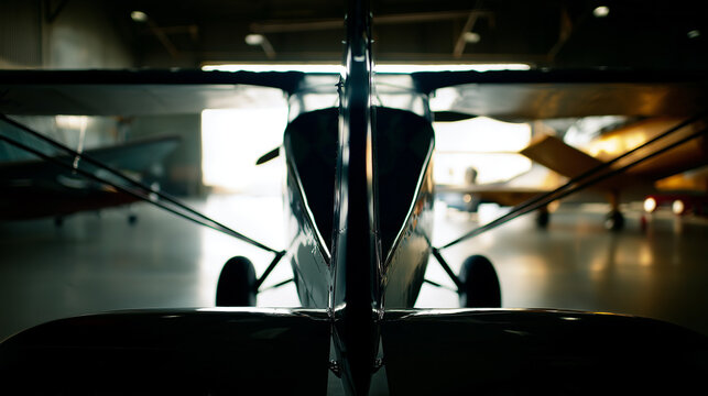 monoplane. Vintage monoplane with polished aluminum fuselage inside an aircraft hangar. mobility guides, transit brochures, designed for mobility and urban transit guides.