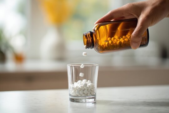 Hand pouring a dose of antacid tablets from a generic bottle onto a counter