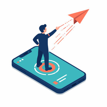Isometric vector illustration of a male entrepreneur standing on a smartphone touchscreen, launching an orange paper plane, symbolizing digital communication, strategy, and business growth.