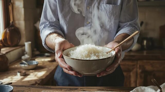 Person holding a steaming bowl of white rice with chopsticks in a kitchen.