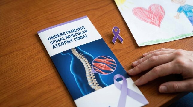 Genetic motor disease: Spinal treatment, muscular weakness, Atrophy awareness, SMA information, hand rest, purple ribbon, child drawing, healthcare paper, patient support.