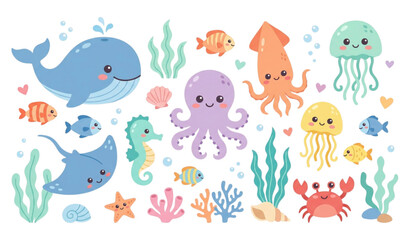 Adorable Ocean Animal Collection Featuring Whales Octopus and Jellyfish © Songkari
