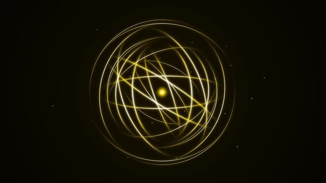 An intricate digital rendering of a celestial sphere with luminous intersecting orbits, glowing points of light, and dynamic lines illustrating cosmic motion and complex astronomical interactions