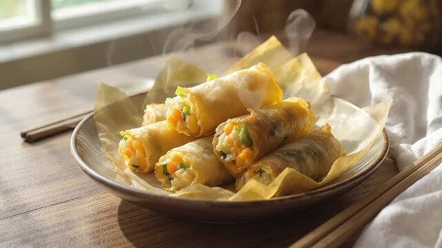 Hot fried spring rolls served on a plate with chopsticks and steam rising.