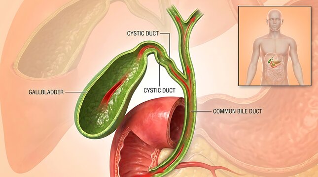 Detailed medical diagram of human gallbladder structure and cystic duct anatomy