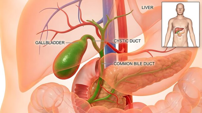 Medical illustration of human gallbladder anatomy with cystic duct and pancreas
