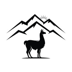 Fototapeta premium Llama Silhouette With Mountain Range And Rising Sun Monochrome Design