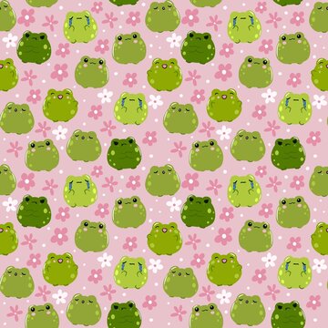 Cute green frog seamless pattern with pink flowers on pink background. Whimsical hand drawn chubby frogs with different emotions