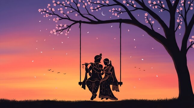 Colorful gradient background (peach to lavender), silhouette of Radha-Krishna on flower swing hanging from tree, glowing aura