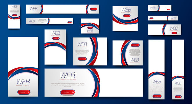 Set bundle of ads banner template design with blue and red background. vector	