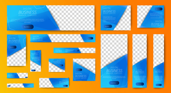 Web banner template design set layout with photo and text space. gradient blue. Business advertising set design template. Vertical, horizontal, square banners standard size.	