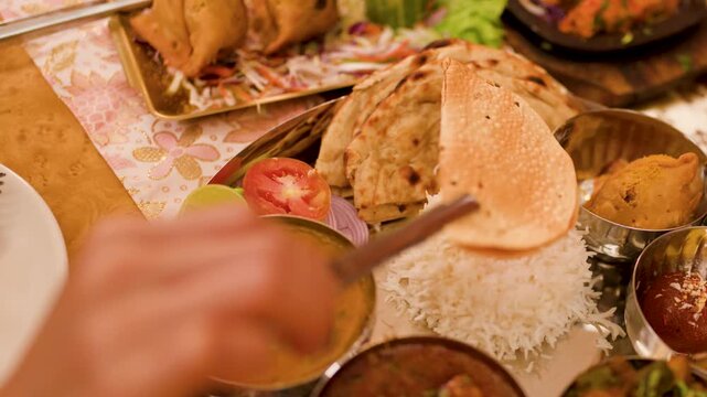 Traditional Indian Thali Platter with Curry Rice and Naan Bread