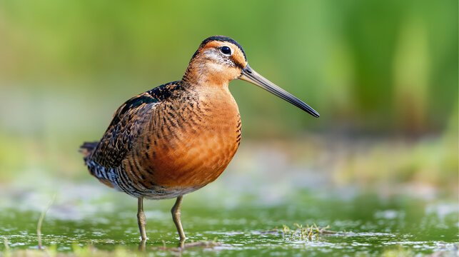 woodcock. An American woodcock probing mud in a wetland habitat during morning light. wildlife magazines, conservation campaigns, designed for eco-tourism storytelling, used by project managers.