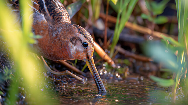 woodcock. An American woodcock probing mud in a wetland habitat during morning light. wildlife magazines, conservation campaigns, designed for eco-tourism storytelling, used by project managers.