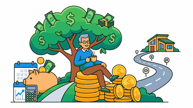 A cartoon man sits on coins under a money tree