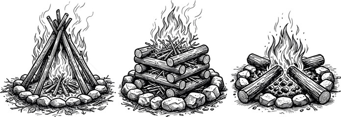 Hand drawn campfire vector illustration set with different wood log structures teepee cabin star burning fire isolated on white background. © MstBizly