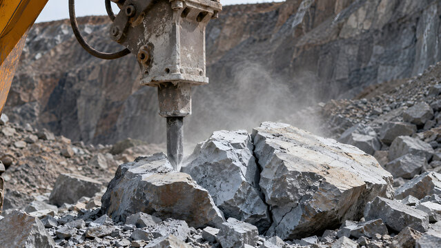 Hydraulic breaker splitting massive rock in quarry