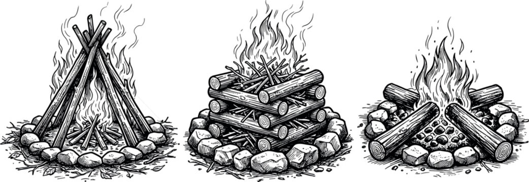Hand drawn campfire vector illustration set with different wood log structures teepee cabin star burning fire isolated on white background.