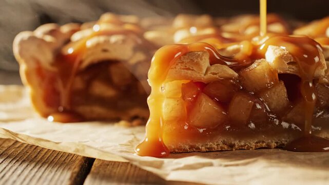 Apple pie slice with caramel sauce on rustic wooden table