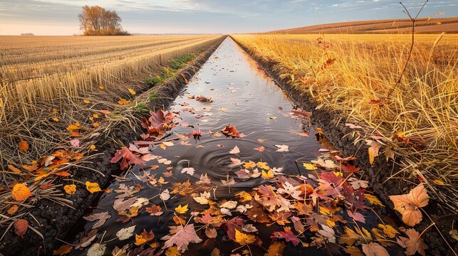 Irrigation ditch with floating leaves autumn field