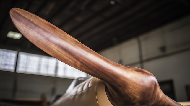 monoplane. The wooden propeller of a vintage monoplane in a quiet hangar. mobility guides, transit brochures, designed for mobility and urban transit guides, improves user orientation.