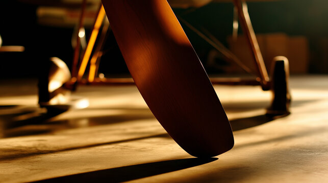 monoplane. The wooden propeller of a vintage monoplane in a quiet hangar. mobility guides, transit brochures, designed for mobility and urban transit guides, improves user orientation.