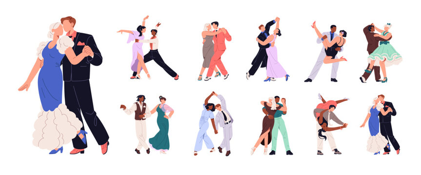 Couple dance set. Pairs of dancers perform tango, salsa, bachata, swing, waltz, and lindy hop. People hold hands and move with music together. Flat isolated vector illustrations on white background