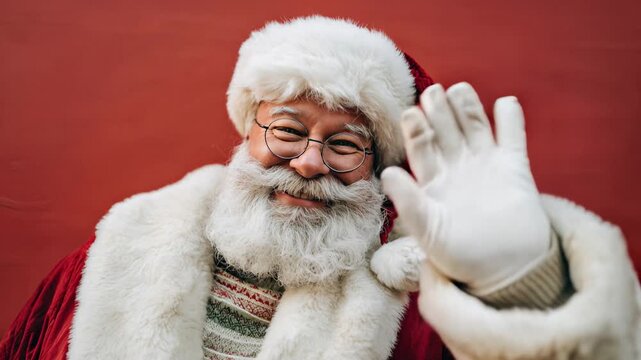 Friendly Santa Claus waving hello with a warm smile and festive attire