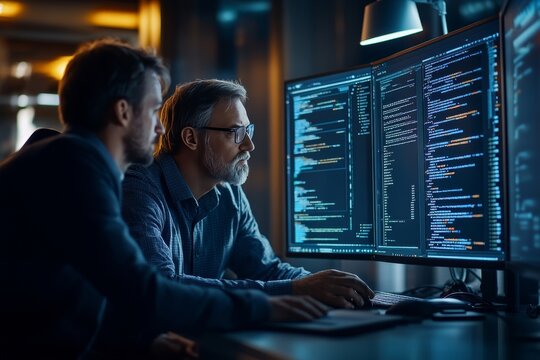 Two professional men collaborating on complex software code on multiple monitors at night.
