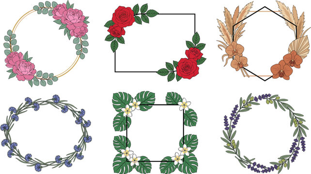 Vintage watercolor floral borders vector frame set with 6 elegant gold hoop peony rose wreath and geometric frames