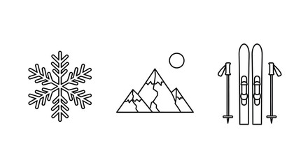 Snowflake Mountains And Skis Line Icons On White Background © MSTMARIA