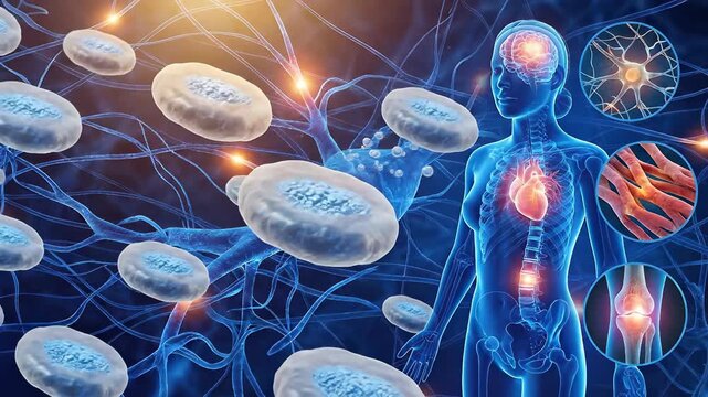 Stem cell, dynamic biological process displaying cellular differentiation, human body system, regenerative medicine, neuron network, vital organ repair, future biology development.