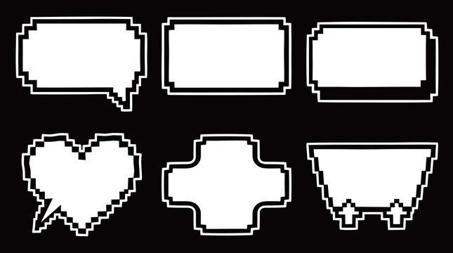 Retro 8-bit pixel art speech bubbles and text frames set on black background. Vintage arcade game user interface dialog boxes and heart sticker.
