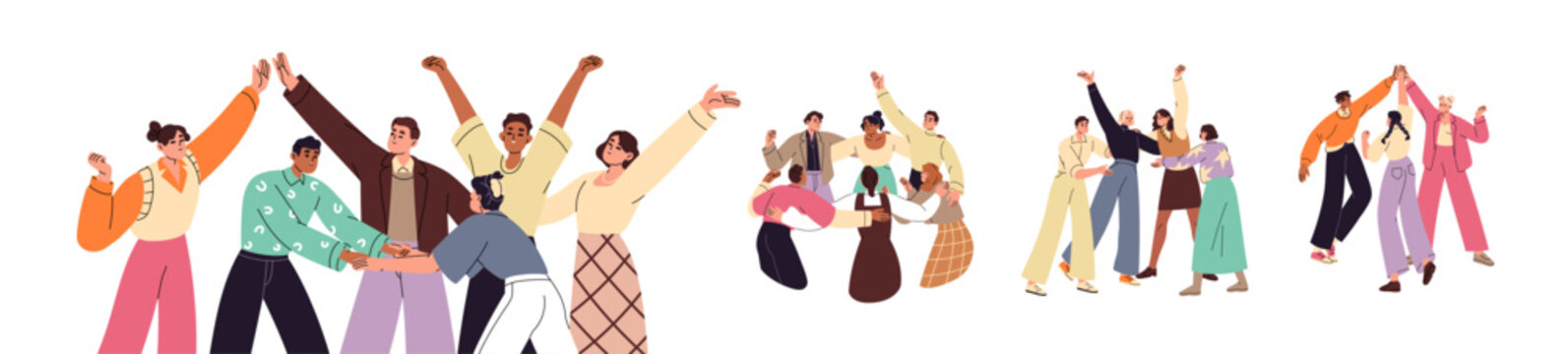 Happy business teams celebrate success set. People support colleagues. Office workers rejoice at teamwork winning, hands up and high five. Flat isolated vector illustrations on white background