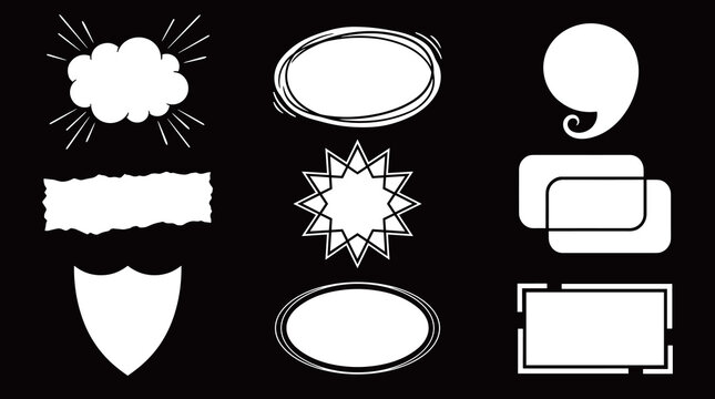 Abstract artistic frames and expressive speech bubbles design collection. Mixed style hand drawn borders including cloud burst, shield, and star.