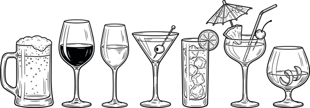 Hand drawn alcoholic drinks vector illustration line art set with beer mug wine glasses martini cocktail glass brandy snifter isolated on white background.
