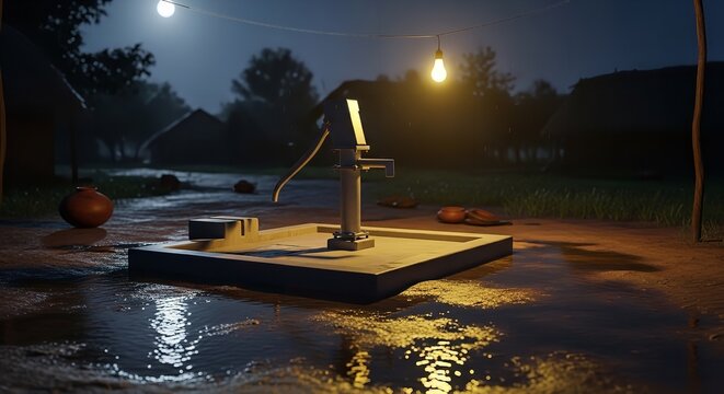 Nighttime scene of old water pump on wet platform