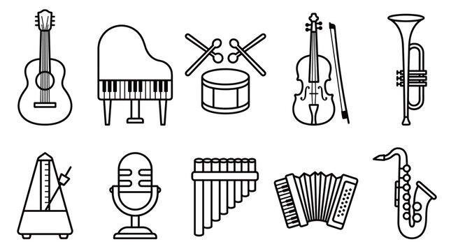 Musical instruments and audio recording equipment line icon set classic orchestra band tool vector illustration outline graphic