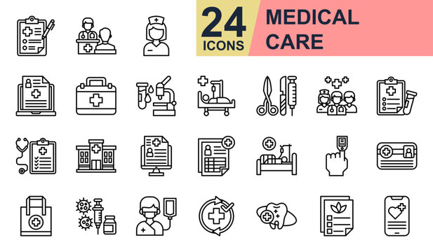 Medical Care Icons set vector illustration. Containing Medical Record, First Aid Kit, Medical Team, Hospital, Dental Care and more. Simple line icons collection.