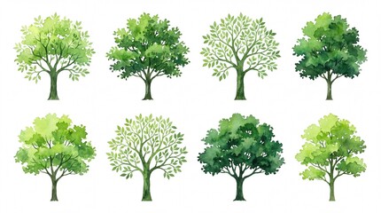 Fototapeta premium Set of eight watercolor green trees isolated on white background