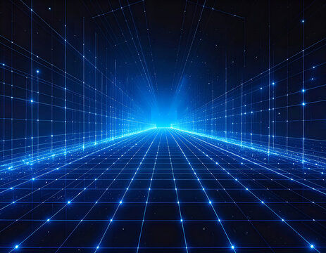 Futuristic Digital Grid with Blue Light Tunnel and Stars.