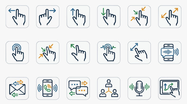 Clean Icons Set of Hand Gestures Touchscreen Interactions Communication Devices and Digital Actions