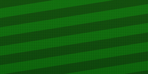 Soccer field green banner background with stripes and halftone dots pattern. Vector abstract football pitch texture with striped lawn and copy space for sports tournament promo. Soccer wide background © zmiter
