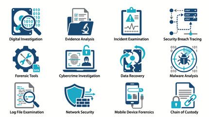 Digital forensics and cybersecurity investigation icons set. © BANJARETNO