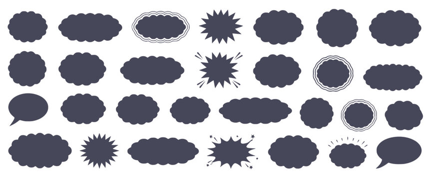 Red fluffy cloud label shapes set featuring squishy speech bubbles, wavy sticker badges, and cute promotional text boxes in playful vector illustration style